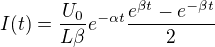 $ I(t)=\frac{U_0}{L\beta }e^{-\alpha t}\frac{e^{\beta t}-e^{-\beta t}}{2}$