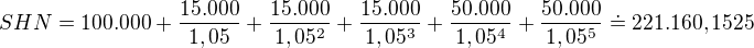 $SHN=100.000+\frac{15.000}{1,05}+\frac{15.000}{1,05^{2}}+\frac{15.000}{1,05^{3}}+\frac{50.000}{1,05^{4}}+\frac{50.000}{1,05^{5}}\doteq 221.160,1525$