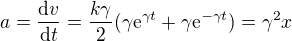 kopírovat do textarea $a=\frac{\mathrm{d} v}{\mathrm{d} t}=\frac{k\gamma }{2}(\gamma \mathrm{e}^{\gamma t}+\gamma \mathrm{e}^{-\gamma t})=\gamma ^2x$