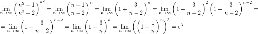 $\lim_{n\to \infty}{\left(\frac{n^2 + 1}{n^2 - 2}\right)^{n^{2}}}= \lim_{n\to \infty}{\left(\frac{n + 1}{n- 2}\right)^{n}} =\lim_{n\to \infty}{\left(1+\frac{3}{n- 2}\right)^{n}}=\lim_{n\to \infty}{\left(1+\frac{3}{n-2}\right)^2\left(1+\frac{3}{n- 2}\right)^{n-2}}=\nl =\lim_{n\to \infty}{\left(1+\frac{3}{n- 2}\right)^{n-2}}=\lim_{n\to \infty}{\left(1+\frac{3}{n}\right)^{n}}=\lim_{n\to \infty}{\left(\left(1+\frac{1}{n}\right)^{n}\right)^3}=\mathrm{e}^{3}$