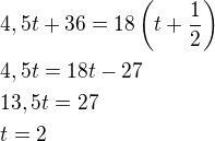 $4,5t+36=18\left(t+\frac 12\right)\nl4,5t=18t-27\nl13,5t=27\nlt=2$