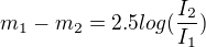 kopírovat do textarea $m_{1}-m_{2}=2.5log(\frac{I_{2}}{I_{1}})$