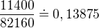 $\frac{11400}{82160}\doteq 0,13875$