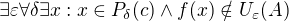 $\exists \varepsilon \forall \delta \exists x:x\in P_{\delta}(c) \land f(x) \notin U_\varepsilon (A)$