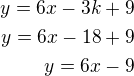 $y=6x-3k+9\\y=6x-18+9\\y=6x-9$