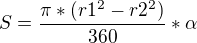 kopírovat do textarea $S=\frac{\pi * (r1^2 - r2^2)}{360}*\alpha$