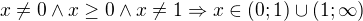 $x\ne 0 \wedge x\ge 0\wedge x\ne 1\Rightarrow x\in (0; 1) \cup (1; \infty)$
