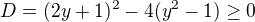 $D=(2y+1)^2-4(y^2-1)\ge0$