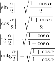 $\left| \sin \frac{\alpha}{2} \right| = \sqrt{\frac{1 - \cos \alpha}{2}}\nl\left| \cos \frac{\alpha}{2} \right| = \sqrt{\frac{1 + \cos \alpha}{2}}\nl\left| \mathrm{tg}\,\frac{\alpha}{2} \right| = \sqrt{\frac{1 - \cos \alpha}{1 + \cos \alpha}}\nl\left| \mathrm{cotg}\frac{\alpha}{2} \right| = \sqrt{\frac{1 + \cos \alpha}{1 - \cos \alpha}}$