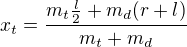 kopírovat do textarea $x_t=\frac{m_t\frac l2+m_d(r+l)}{m_t+m_d}$