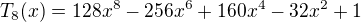 kopírovat do textarea $T_8(x) = 128x^8 - 256x^6 + 160x^4 - 32x^2 + 1 \,$