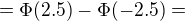 $=\Phi (2.5)-\Phi (-2.5)=$