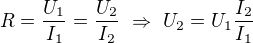 $R=\frac{U_1}{I_1}=\frac{U_2}{I_2}\ \Rightarrow \ U_2=U_1\frac{I_2}{I_1}$