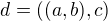 $d=((a,b),c)$
