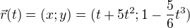 $\vec r(t)=(x;y)=(t+5t^2;1-\frac56t^3)$
