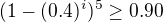 $(1-(0.4)^i)^5\geq0.90$