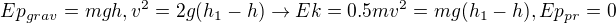 $Ep_{grav} = mgh, v^2 = 2g(h_1-h)\rightarrow Ek = 0.5mv^2 =mg(h_1-h),Ep_{pr} = 0$