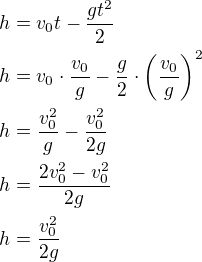kopírovat do textarea $h=v_0t-\frac{gt^2}{2}\nlh=v_0\cdot\frac{v_0}{g}-\frac g2\cdot\left(\frac {v_0}{g}\right)^2\nlh=\frac{v_0^2}{g}-\frac{v_0^2}{2g}\nlh=\frac{2v_0^2-v_0^2}{2g}\nlh=\frac{v_0^2}{2g}$