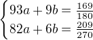 $\begin{cases}93 a+9b=\frac{169}{180}\\82a+6b=\frac{209}{270}\end{cases}$