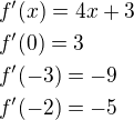 $f^{\prime}(x)=4x+3 \nl f^{\prime}(0)=3\nl f^{\prime}(-3)=-9\nl f^{\prime}(-2)=-5$