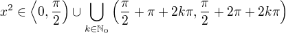 $x^2\in \left\langle 0,\frac{\pi}{2} \right) \cup \bigcup_{k\in\mathbb{N}_0}\left( \frac{\pi}{2}+\pi+2k\pi, \frac{\pi}{2}+2\pi+2k\pi \right)$