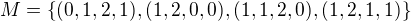 $M = \{(0,1,2,1),(1,2,0,0),(1,1,2,0),(1,2,1,1)\}$