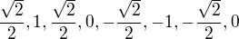 $\frac{\sqrt2}{2}, 1, \frac{\sqrt2}{2}, 0, -\frac{\sqrt2}{2}, -1, -\frac{\sqrt2}{2}, 0$
