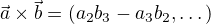 $\vec{a}\times \vec{b}=(a_2b_3-a_3b_2,\dots)$