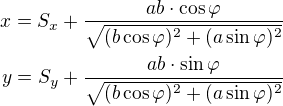 $x=S_x+\frac{ab\cdot\cos{\varphi}}{\sqrt{(b\cos{\varphi})^2+(a\sin{\varphi})^2}}\\y=S_y+\frac{ab\cdot\sin{\varphi}}{\sqrt{(b\cos{\varphi})^2+(a\sin{\varphi})^2}}$