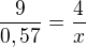 $\frac{9}{0,57}=\frac{4}{x}$