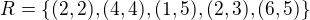 $R=\{(2,2),(4,4),(1,5),(2,3),(6,5)\}$