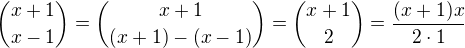 ${x+1 \choose x-1}= {x+1 \choose (x+1)-(x-1)}={x+1 \choose 2} = \frac{(x+1)x}{2\cdot1}$
