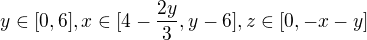 $y\in [0,6], x\in [4-\frac{2y}{3},y-6],z\in [0,-x-y]$