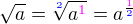 $\sqrt a = \sqrt[\color{blue}2] {a\color{magenta}^1} = a^{\frac {\color{magenta}1}{\color{blue}2}}$