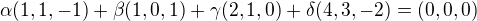 $\alpha (1,1,-1)+\beta (1,0,1)+\gamma (2,1,0)+\delta (4,3,-2)=(0,0,0)$