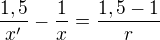 kopírovat do textarea $\frac{1,5}{x'}-\frac{1}{x} = \frac{1,5 - 1}{r}$