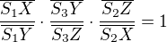 $ \frac {\overline{S_1X}}{\overline {S_1Y}} \cdot \frac {\overline{S_3Y}}{\overline {S_3Z}} \cdot \frac {\overline{S_2Z}}{\overline {S_2X}} = 1 $