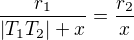 $\frac{r_1}{|T_1T_2|+x}=\frac{r_2}{x}$