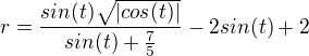 $r=\frac{sin(t)\sqrt{|cos(t)|}}{sin(t)+\frac{7}{5}}-2sin(t)+2$