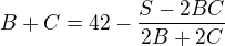 kopírovat do textarea $B+C= 42-\frac{S-2BC}{2B+2C}$