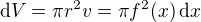 $\text{d}V=\pi r^2v=\pi f^2(x)\,\text{d}x$