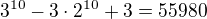 $3^{10}-3\cdot2^{10}+3=55980$