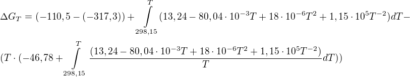 $\Delta G_T=(-110,5-(-317,3))+\int\limits_{298,15}^T(13,24-80,04 \cdot 10^{-3}T+18\cdot 10^{-6}T^{2}+1,15 \cdot 10^{5}T^{-2})dT - \nl (T \cdot (-46,78 + \int\limits_{298,15}^T\frac{(13,24-80,04 \cdot 10^{-3}T+18\cdot 10^{-6}T^{2}+1,15 \cdot 10^{5}T^{-2})}{T}dT)) $