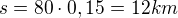 $s=80\cdot 0,15= 12 km$