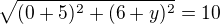 $\sqrt{(0+5)^2+(6+y)^2}=10$