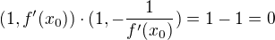 $(1,f'(x_0)) \cdot (1,-\frac{1}{f'(x_0)})=1-1=0$