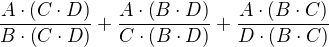 $\frac{{A}\cdot\({C}\cdot{D}\)}{{B} \cdot\({C}\cdot{D}\)} + \frac{{A}\cdot\({B}\cdot{D}\)}{{C}\cdot\({B}\cdot{D}\)} + \frac{{A}\cdot\({B}\cdot{C}\)}{{D}\cdot\({B}\cdot{C}\)}$