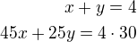 $x+y=4\\45x+25y=4\cdot 30$
