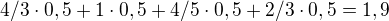 $4/3\cdot 0,5+1\cdot 0,5+4/5\cdot 0,5+2/3\cdot 0,5 = 1,9$