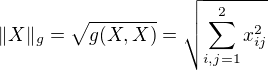 $\|X\|_{g}=\sqrt{g(X,X)}=\sqrt{\sum_{i,j=1}^{2}x_{ij}^{2}}$